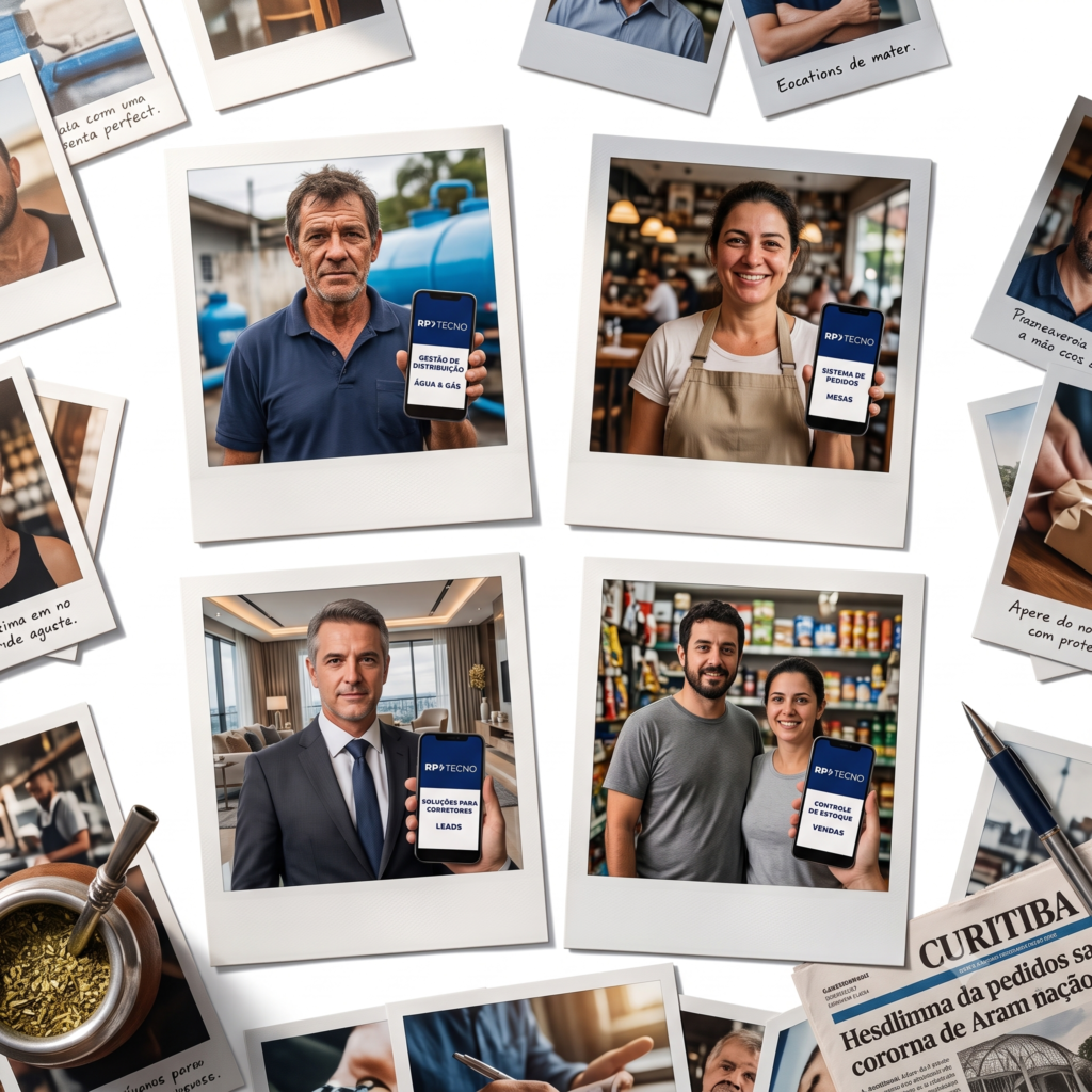 Uma colagem de fotos estilo Polaroid espalhadas organicamente sobre um fundo branco. No centro da composição, quatro Polaroids maiores dispostas em formato 2x2 mostram diferentes profissionais segurando smartphones com o aplicativo "RP TECNO"